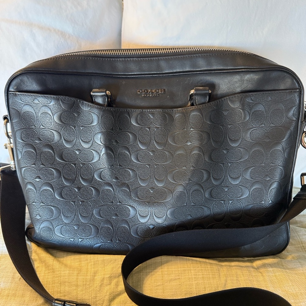 Coach Black Embossed Signature Leather Brief Laptop Bag